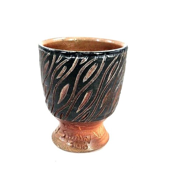 Handmade Small Clay Chalice With Carved Black Design Terra Cotta ~3.75" Signed - Picture 1 of 9